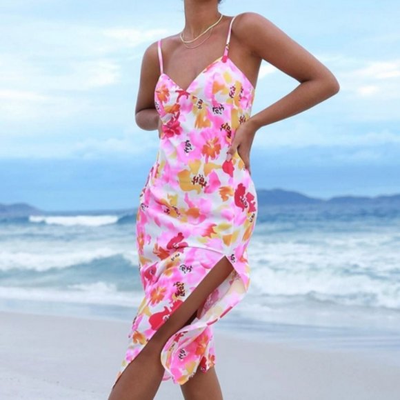 multicolor floral allover print split thigh cami dress summer vacay travel cute - Picture 4 of 5